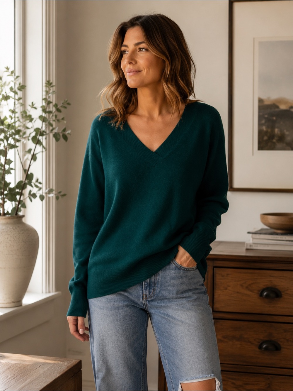 Halogen V-Neck Cashmere Sweater in Teal Green
